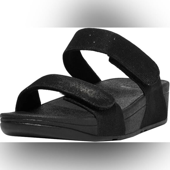 FitFlop | Women's LULU Adjustable Velcro SHIMMERLUX Slides in Black | 8 - Picture 1 of 4